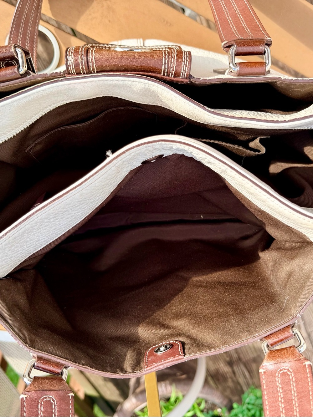 Coach Hamptons Ivory Pebbled Leather Tote Shoulder Bag Brown Trim F13960 Large - Picture 11 of 11